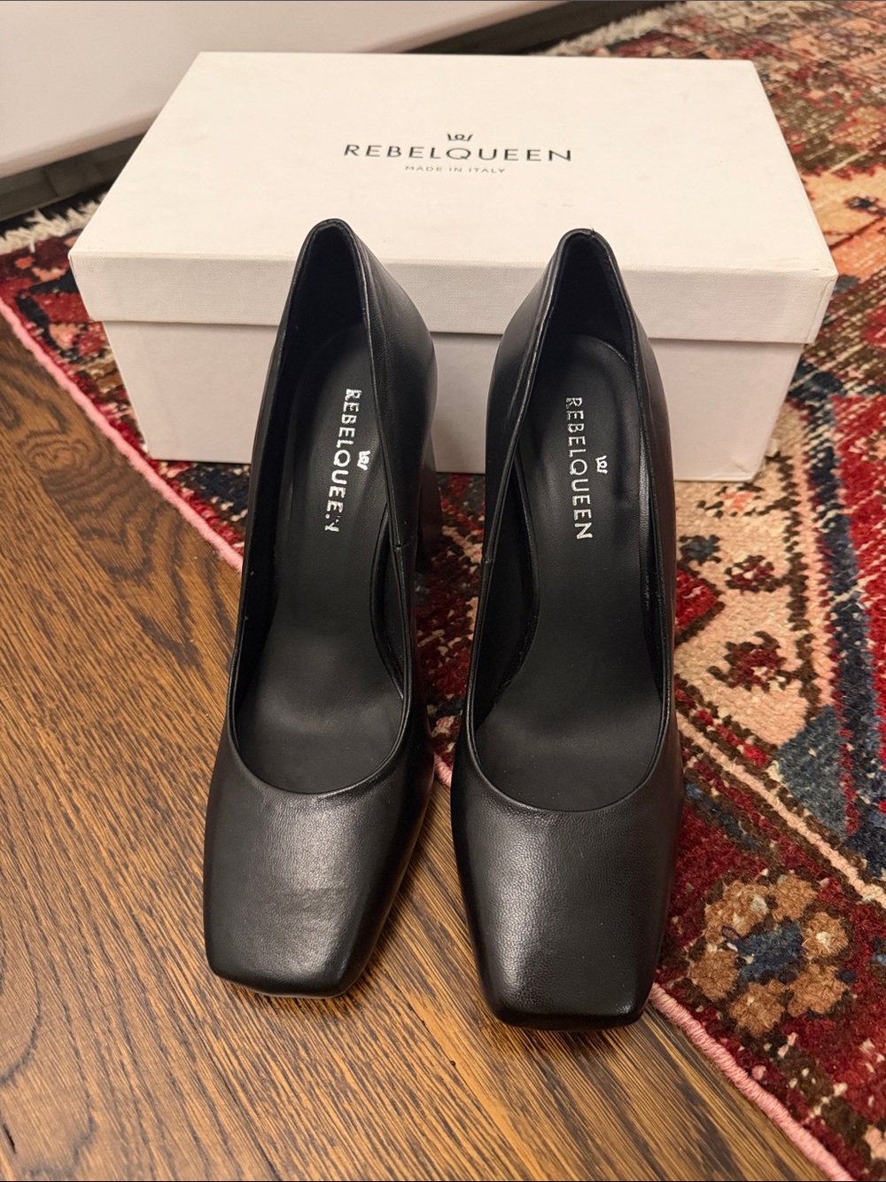 REBELQUEEN Black Leather Square Toe Block Heel Pumps / EU 36